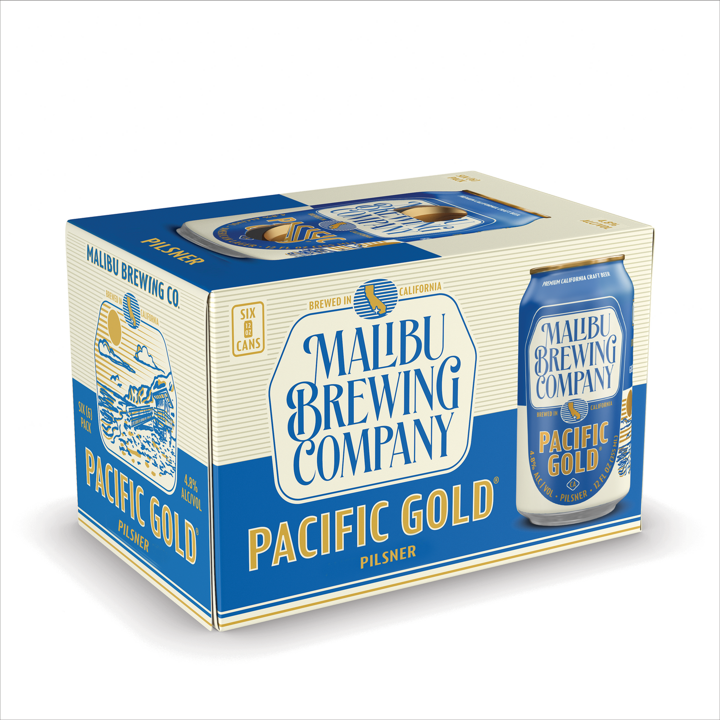 Pacific Gold Pilsner 6-Pack features blue and gold branding with a can illustration plus wave and sun drawings on the side. This gold medal beer comes from Malibu Brewing Company.