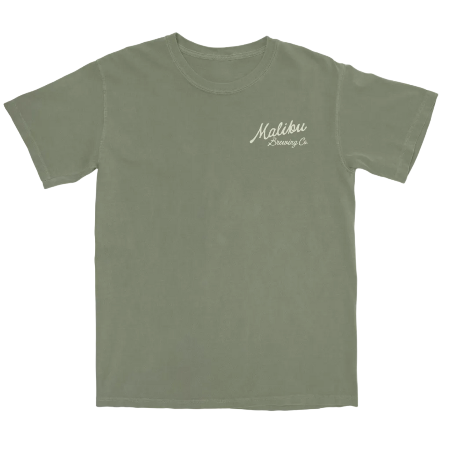 Green t-shirt with 'Malibu Brewing Co' text on a white background