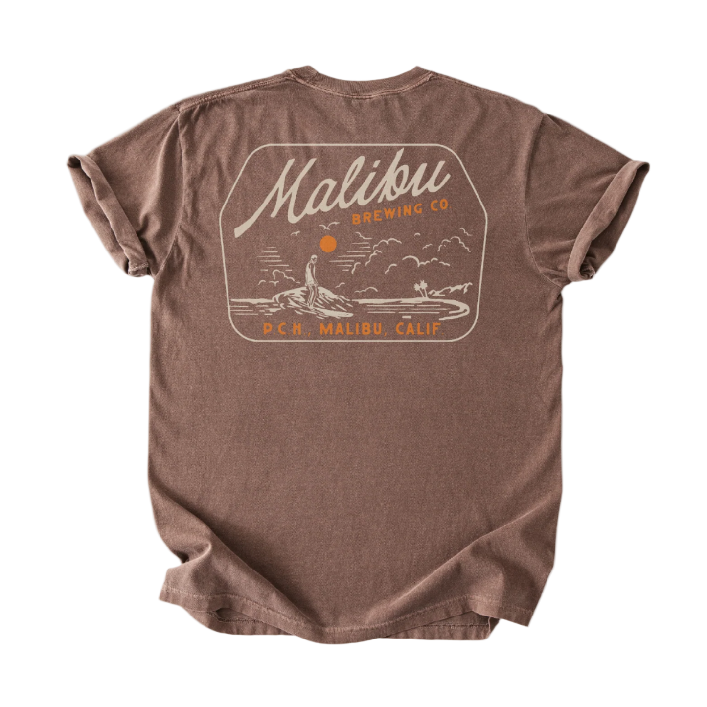 Brown t-shirt with Malibu Brewing Co logo on a white background