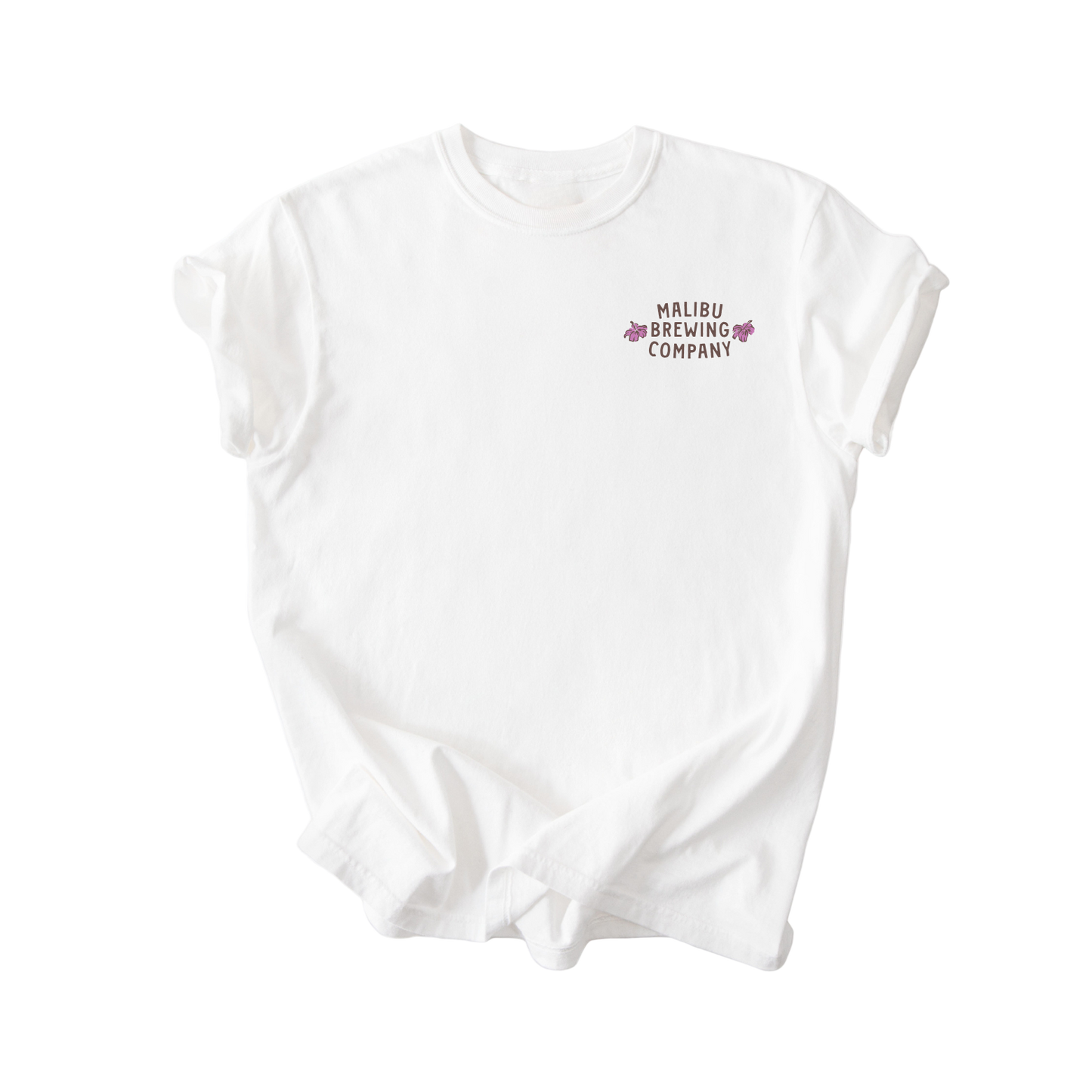 White sleeveless shirt with 'Malibu Brewing Company' logo on a white background