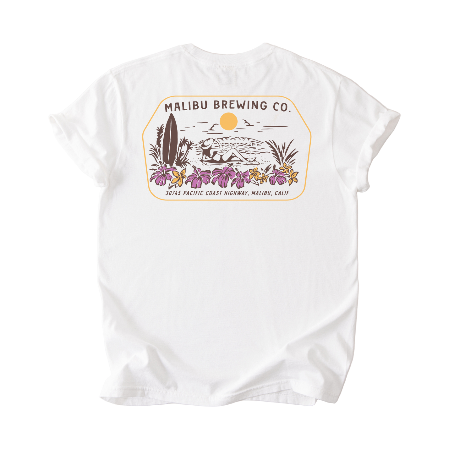 White t-shirt with Malibu Brewing Co. logo on a white background