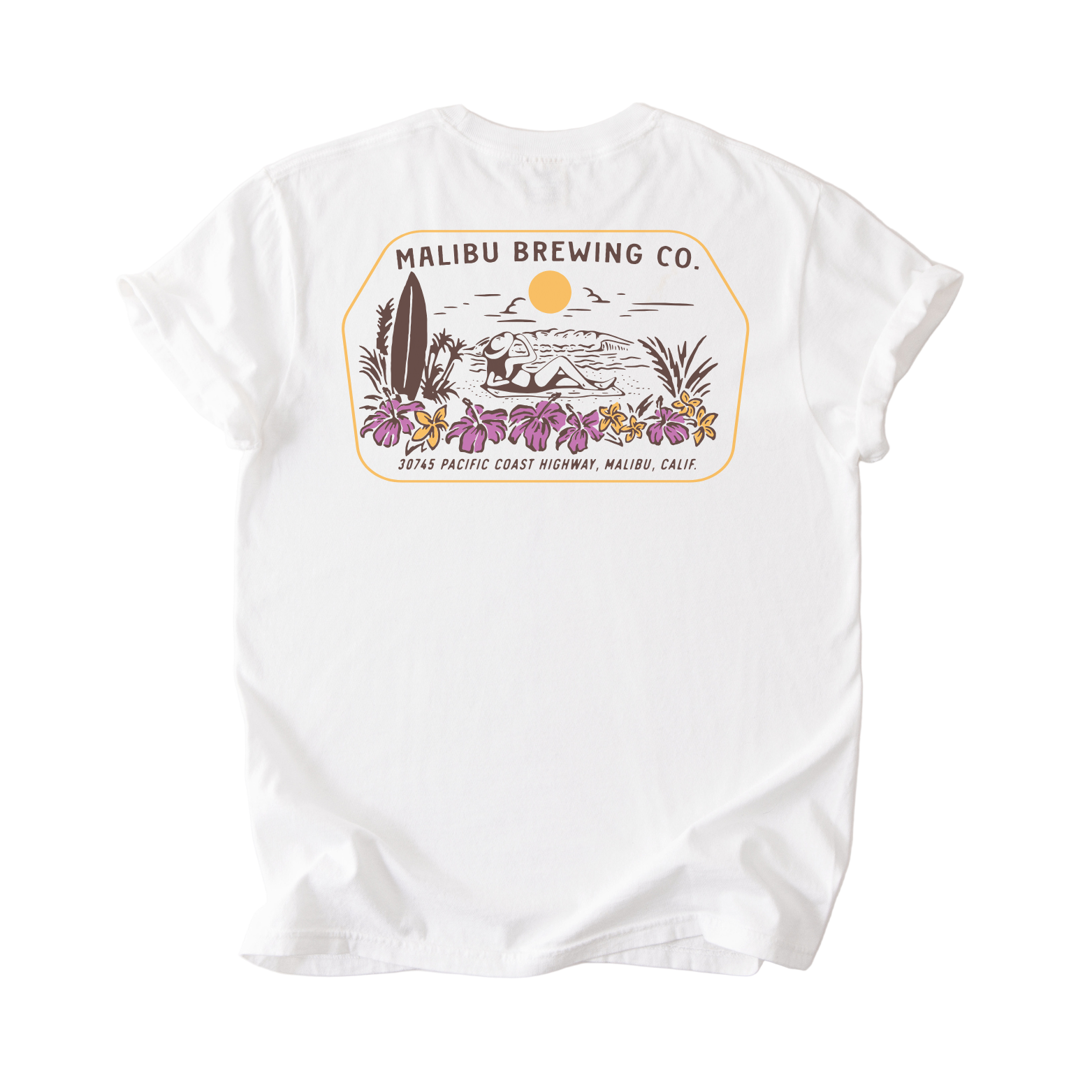 White t-shirt with Malibu Brewing Co. logo on a white background