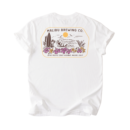 White t-shirt with Malibu Brewing Co. logo on a white background