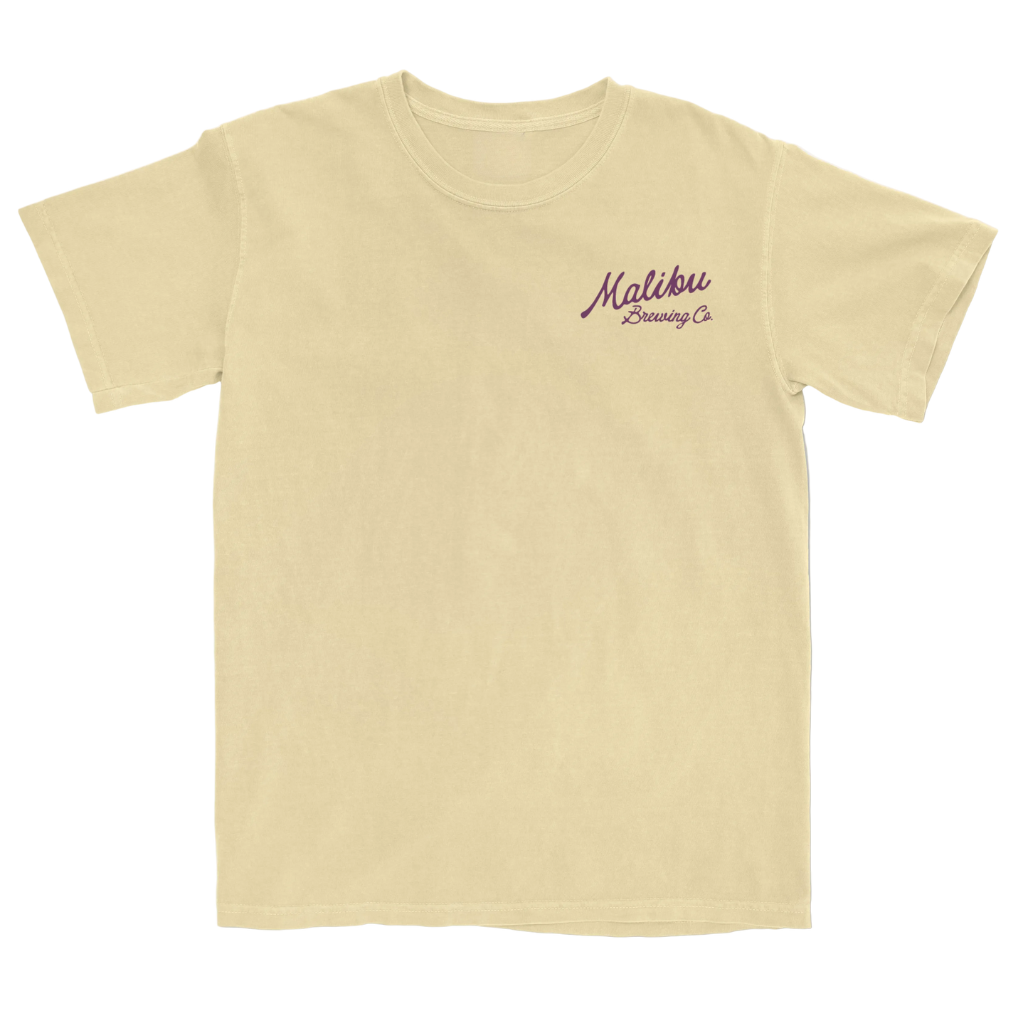 Butter yellow t-shirt with 'Malibu Brewing Co.' logo on a white background
