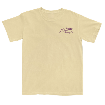 Butter yellow t-shirt with 'Malibu Brewing Co.' logo on a white background