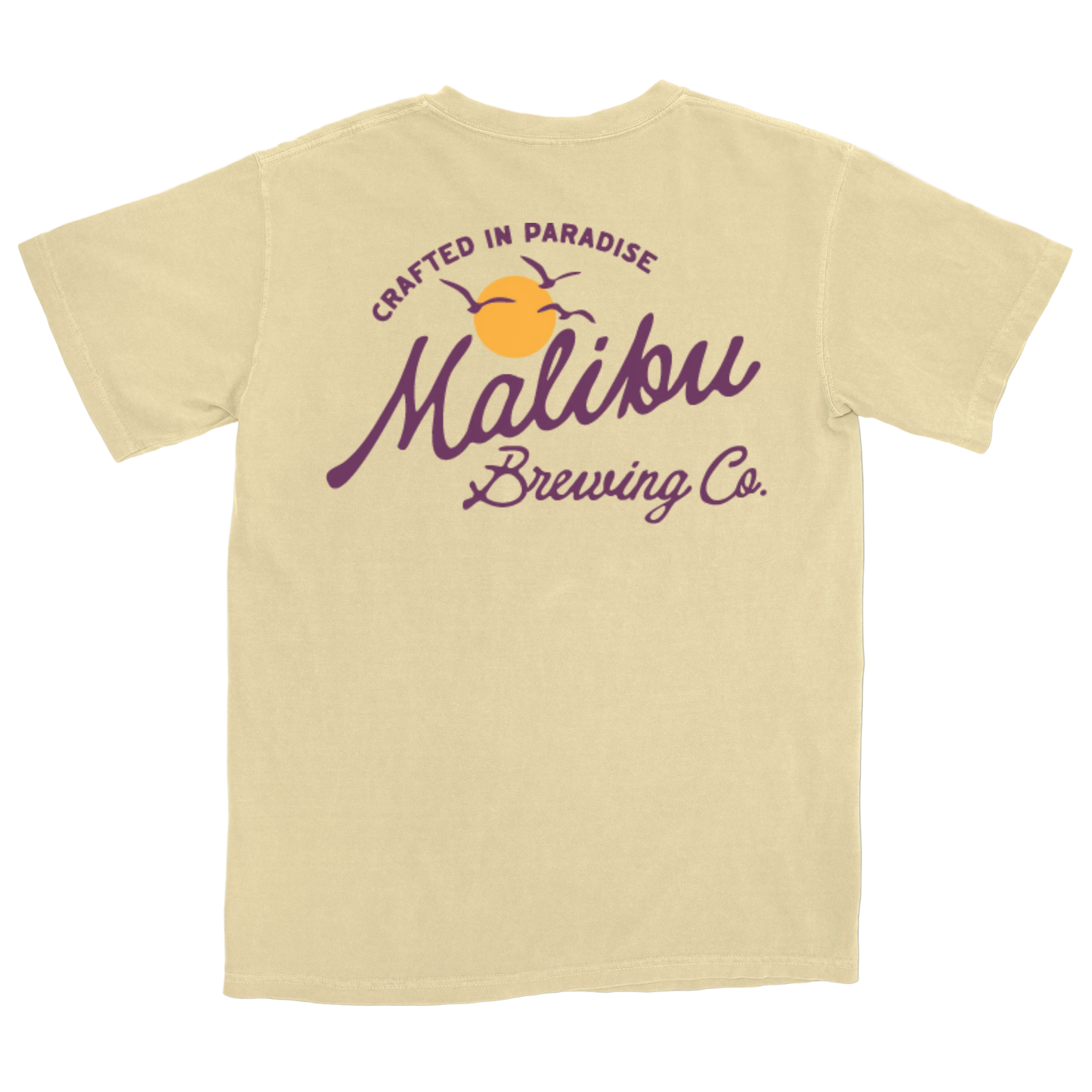 Butter yellow t-shirt with Malibu Brewing Co logo on a white background