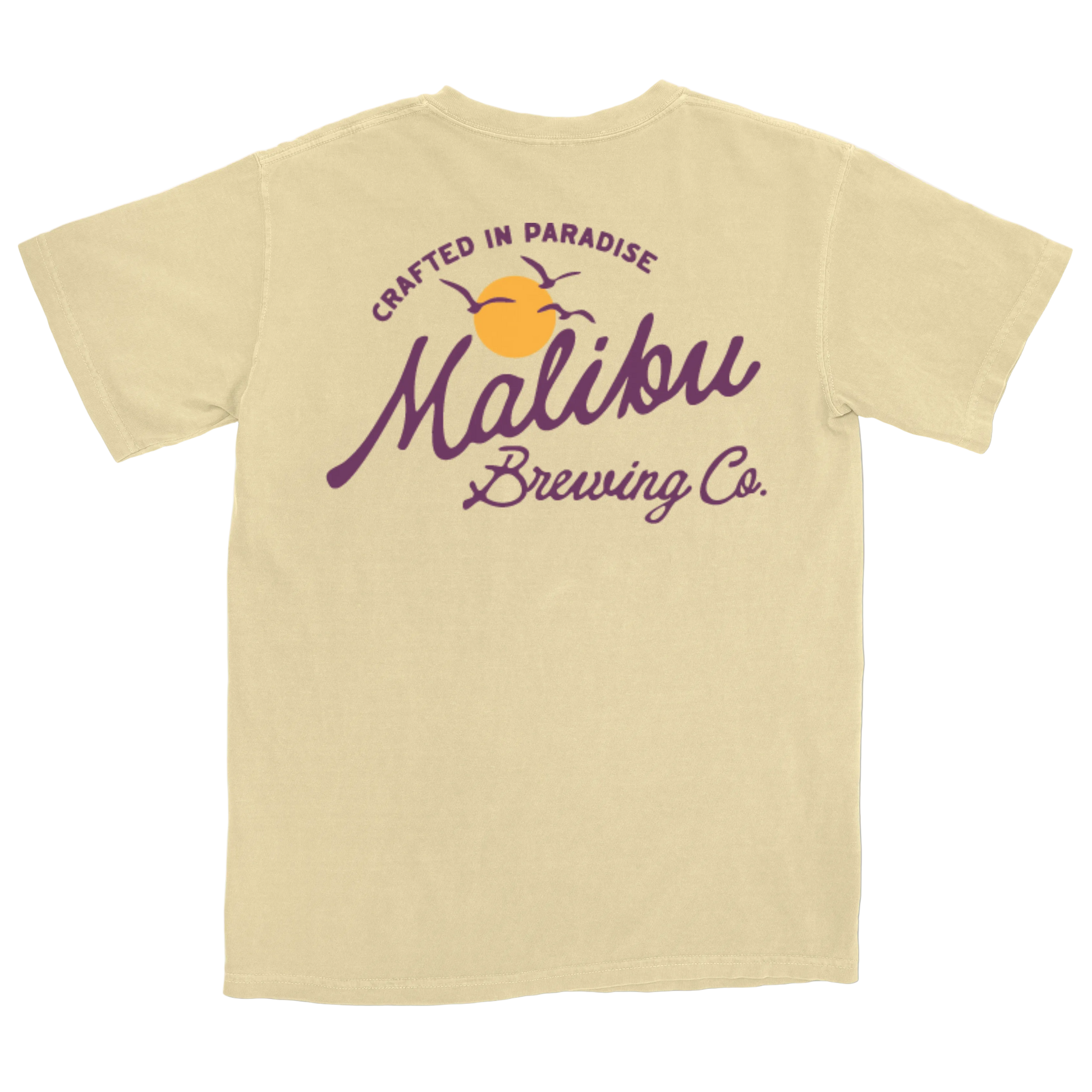 Butter yellow t-shirt with Malibu Brewing Co logo on a white background