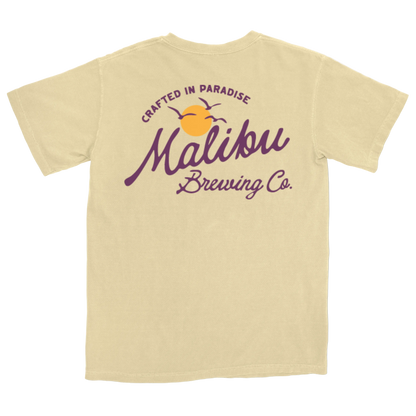 Butter yellow t-shirt with Malibu Brewing Co logo on a white background