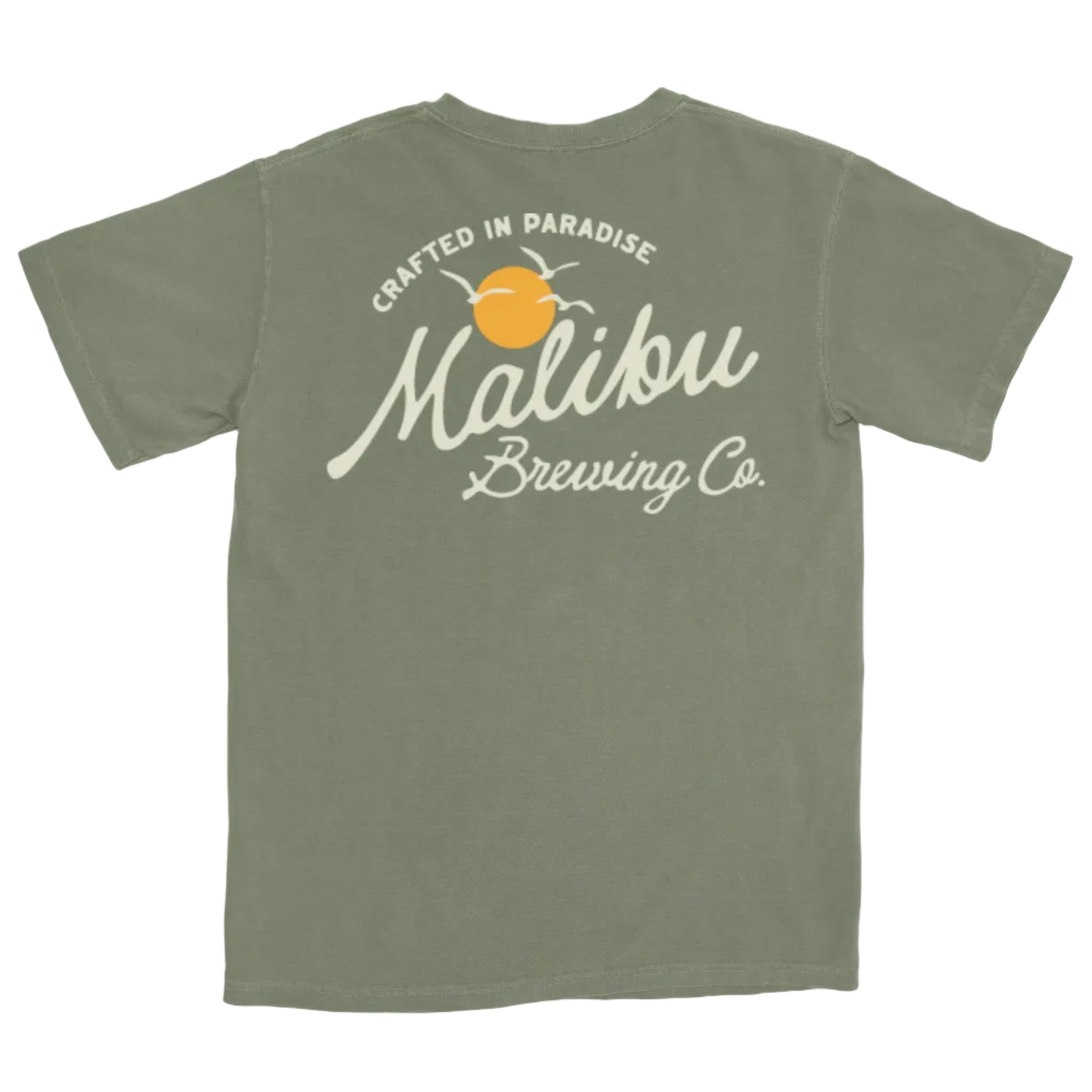 Green t-shirt with Malibu Brewing Co. logo on a white background