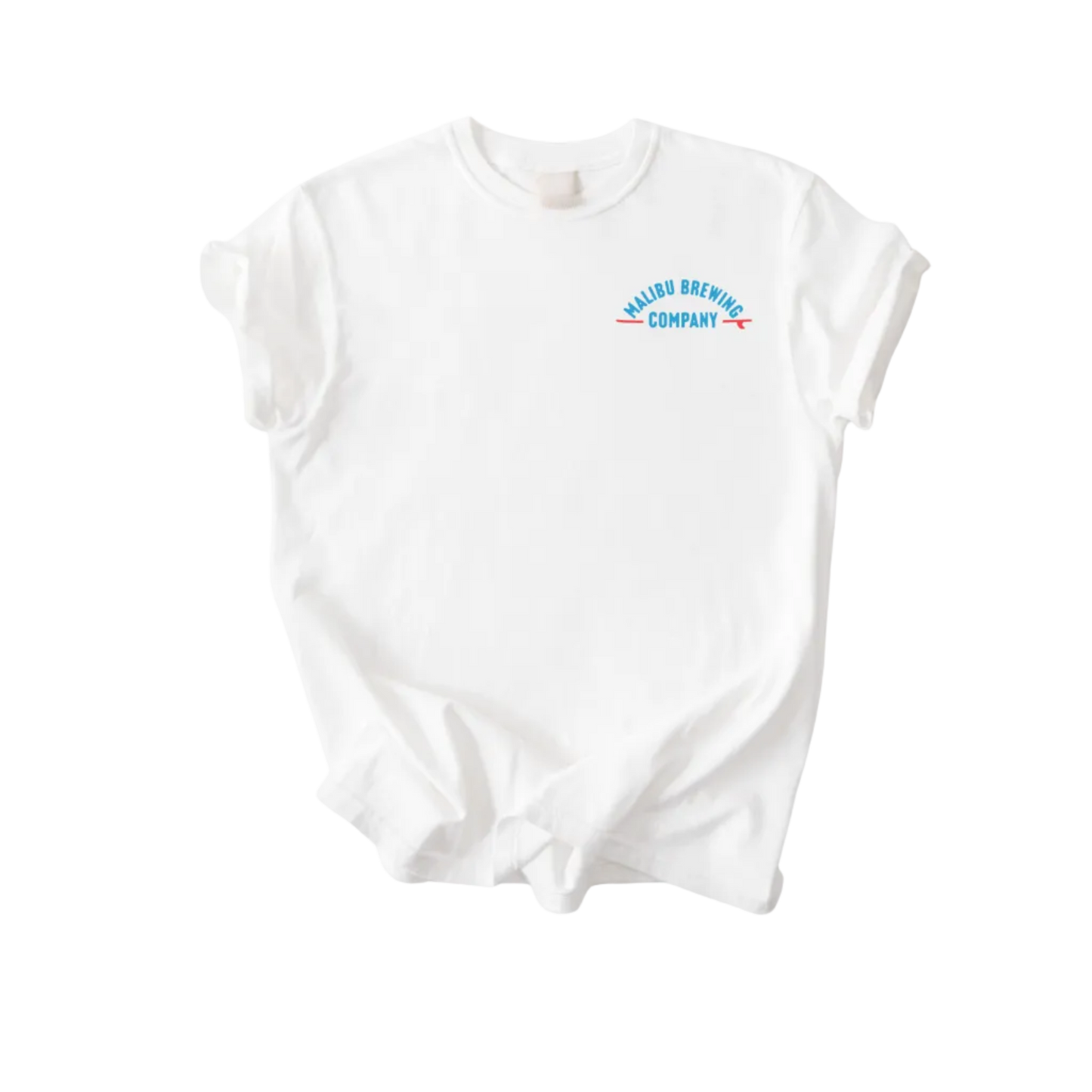 The Red, White & 'Bu Tee is a unisex white shirt with rolled sleeves and a small blue and orange Malibu Brewing Company logo on the upper left chest. This classic summer tee is shown laid flat against a white background.