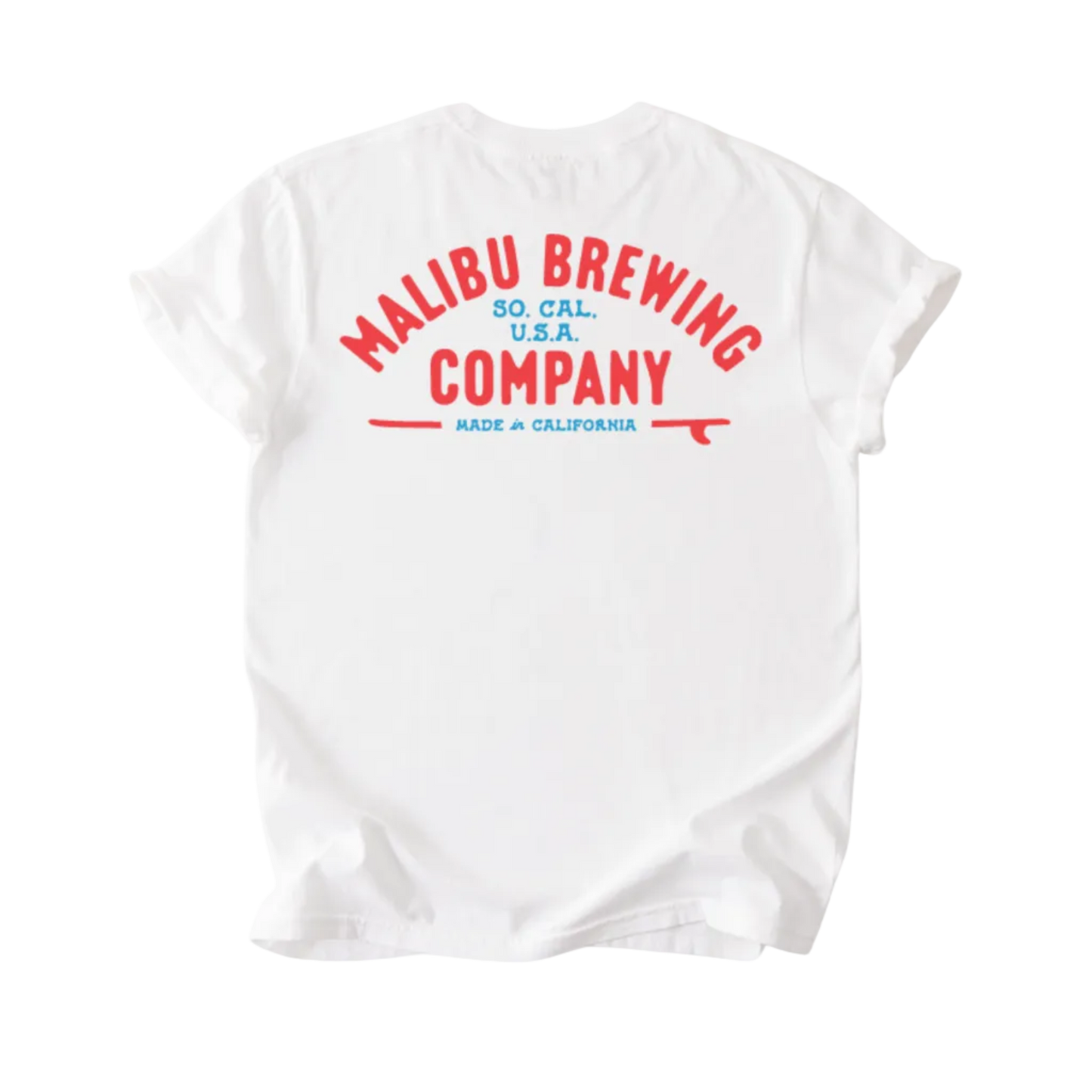 The Red, White & 'Bu Tee is a white unisex puff print t-shirt with red and blue "Malibu Brewing Company So. Cal. U.S.A." text and a red surfboard graphic on the back—made in California, perfect for summer.
