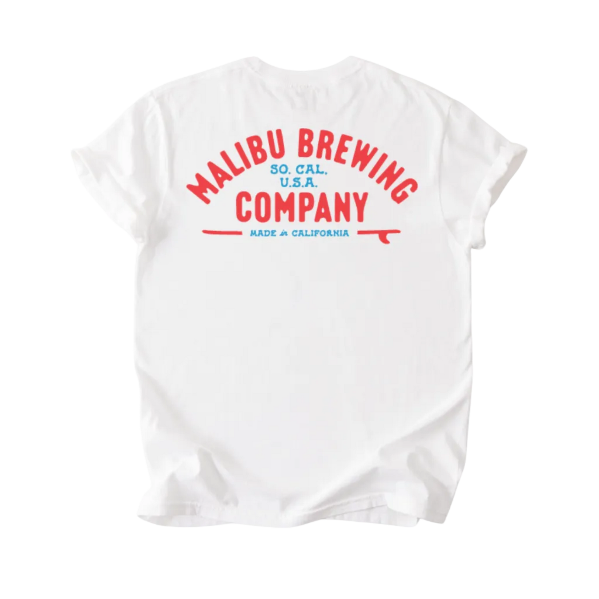 The Red, White & 'Bu Tee is a white unisex puff print t-shirt with red and blue "Malibu Brewing Company So. Cal. U.S.A." text and a red surfboard graphic on the back—made in California, perfect for summer.