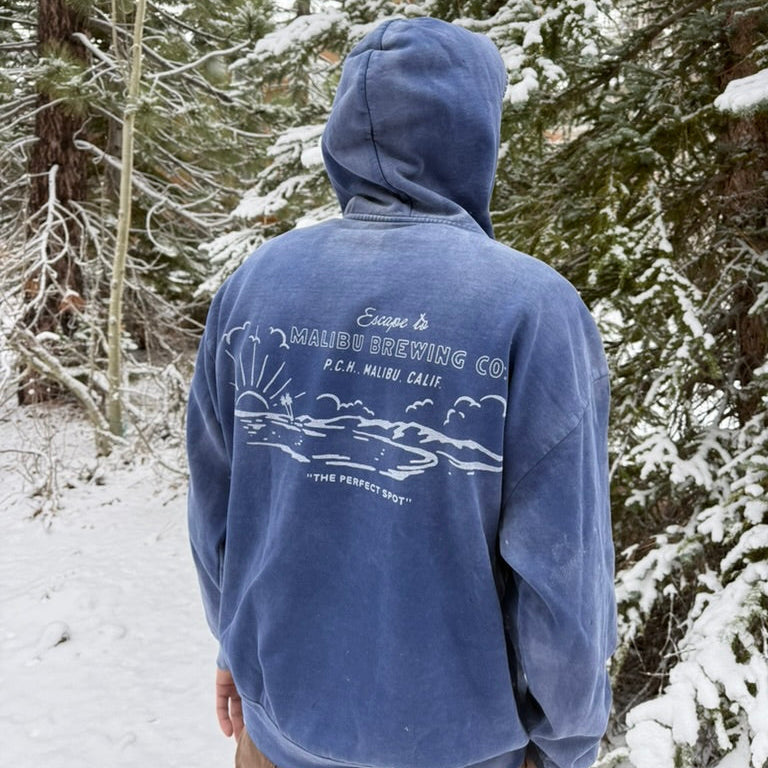 Person wearing a blue hoodie with text and graphics in a snowy forest