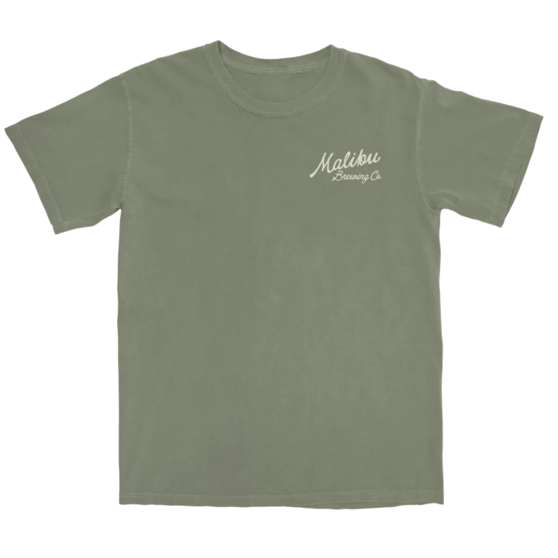 Green t-shirt with 'Malibu Brewing Co' text on a white background