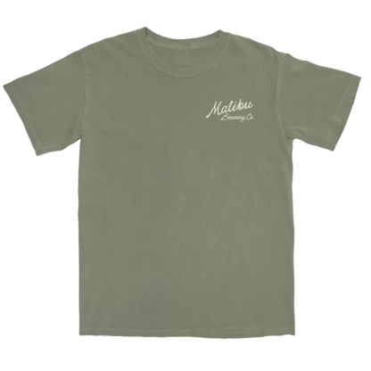 Green t-shirt with 'Malibu Brewing Co' text on a white background