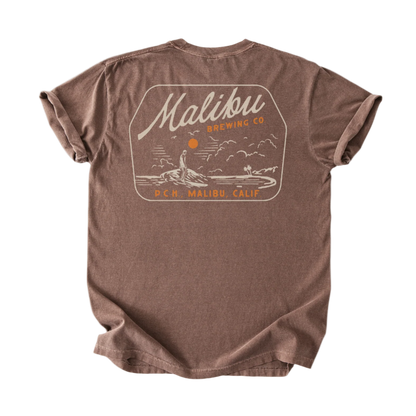 Brown t-shirt with Malibu Brewing Co logo on a white background