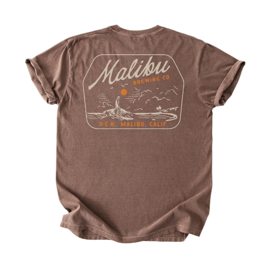 Brown t-shirt with Malibu Brewing Co logo on a white background